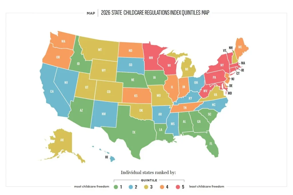 Map of child care regulation rankings